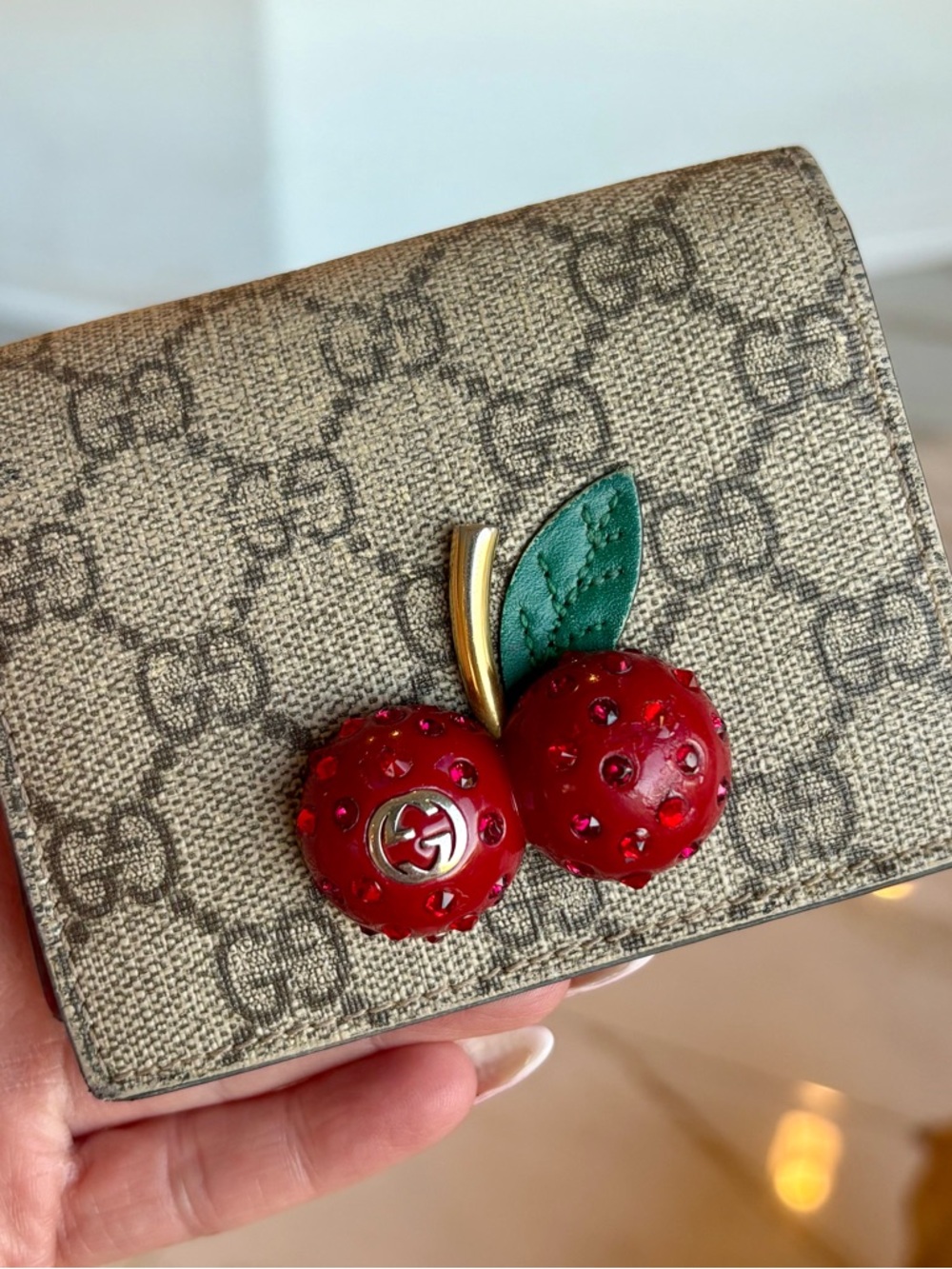 Certified Gucci Beige GG Monogram Wallet Red Cherry Accent Supreme Bifold COA
